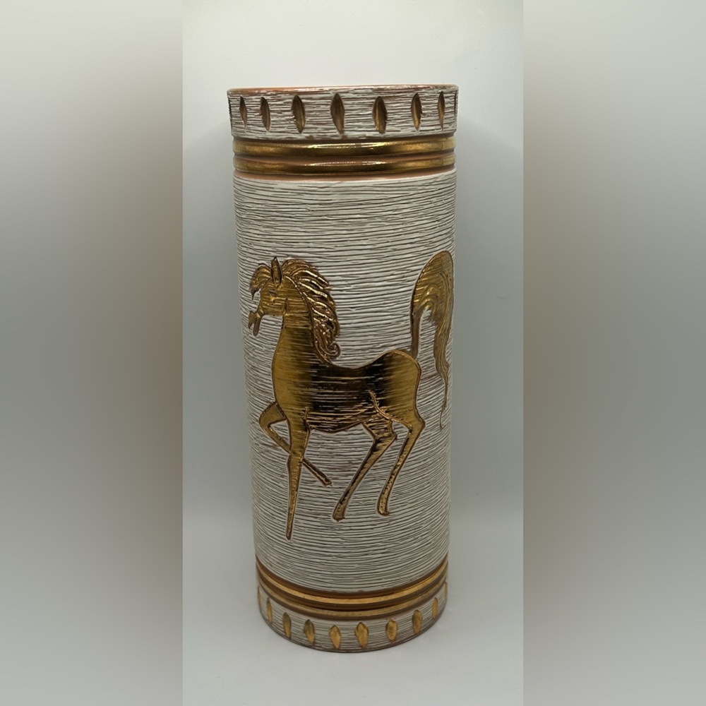Vintage Fratelli Fanciullacci Gold Horse Sgraffito Textured 10” Vase